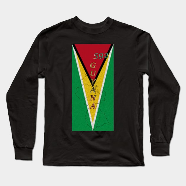 Guyana Flag Design with Phone Area Code and Map Outline Long Sleeve T-Shirt by Soca-Mode